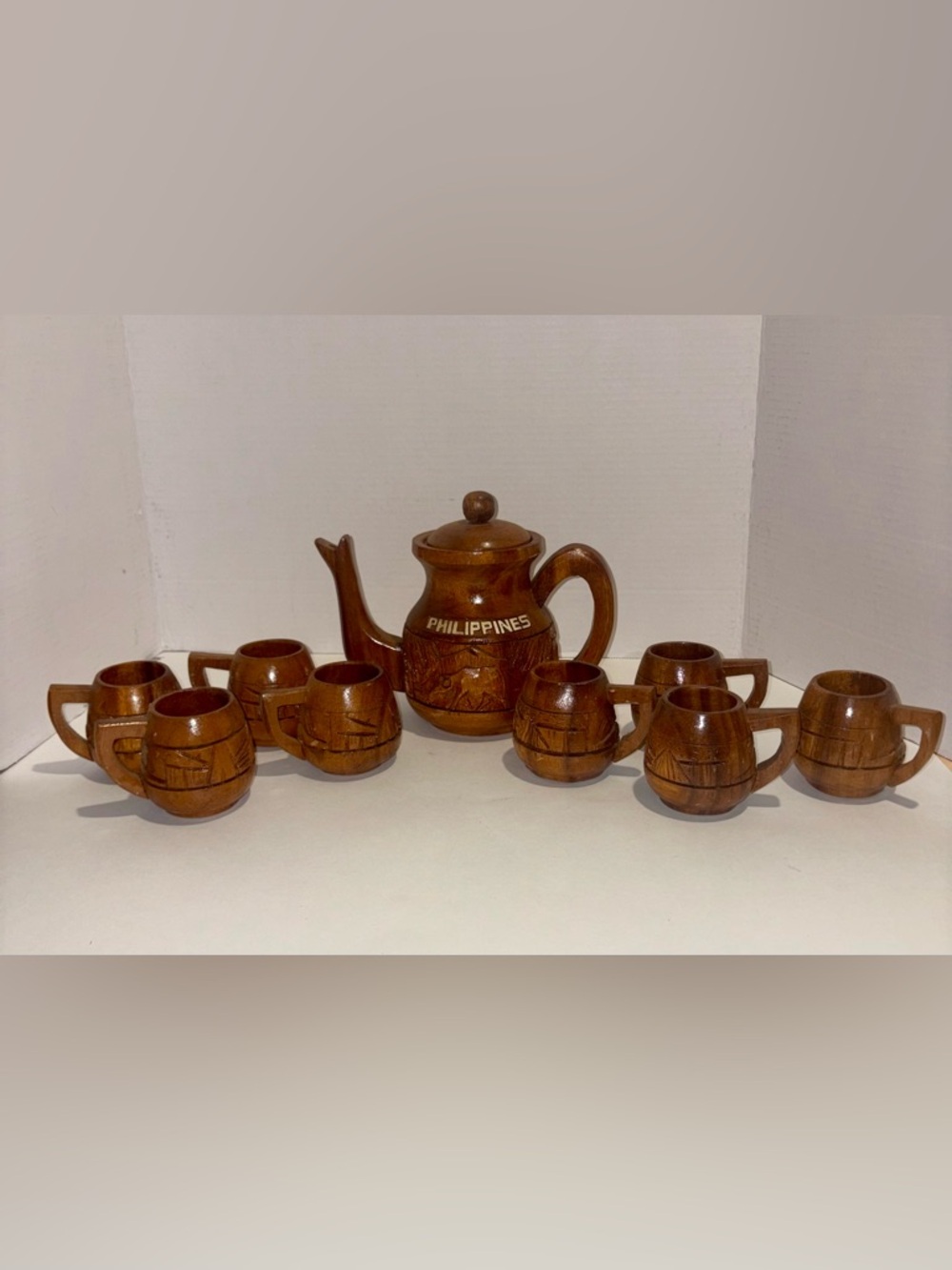Carved Wood Tea Set - PhilippinesVtg
